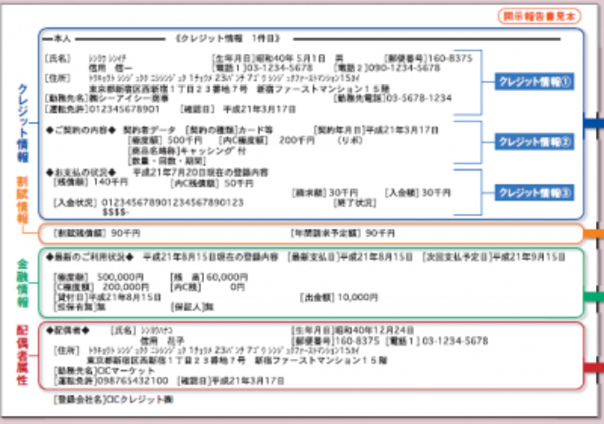 ＣＩＣの個人情報の見本です。開示請求をして、自分で見ることができます。