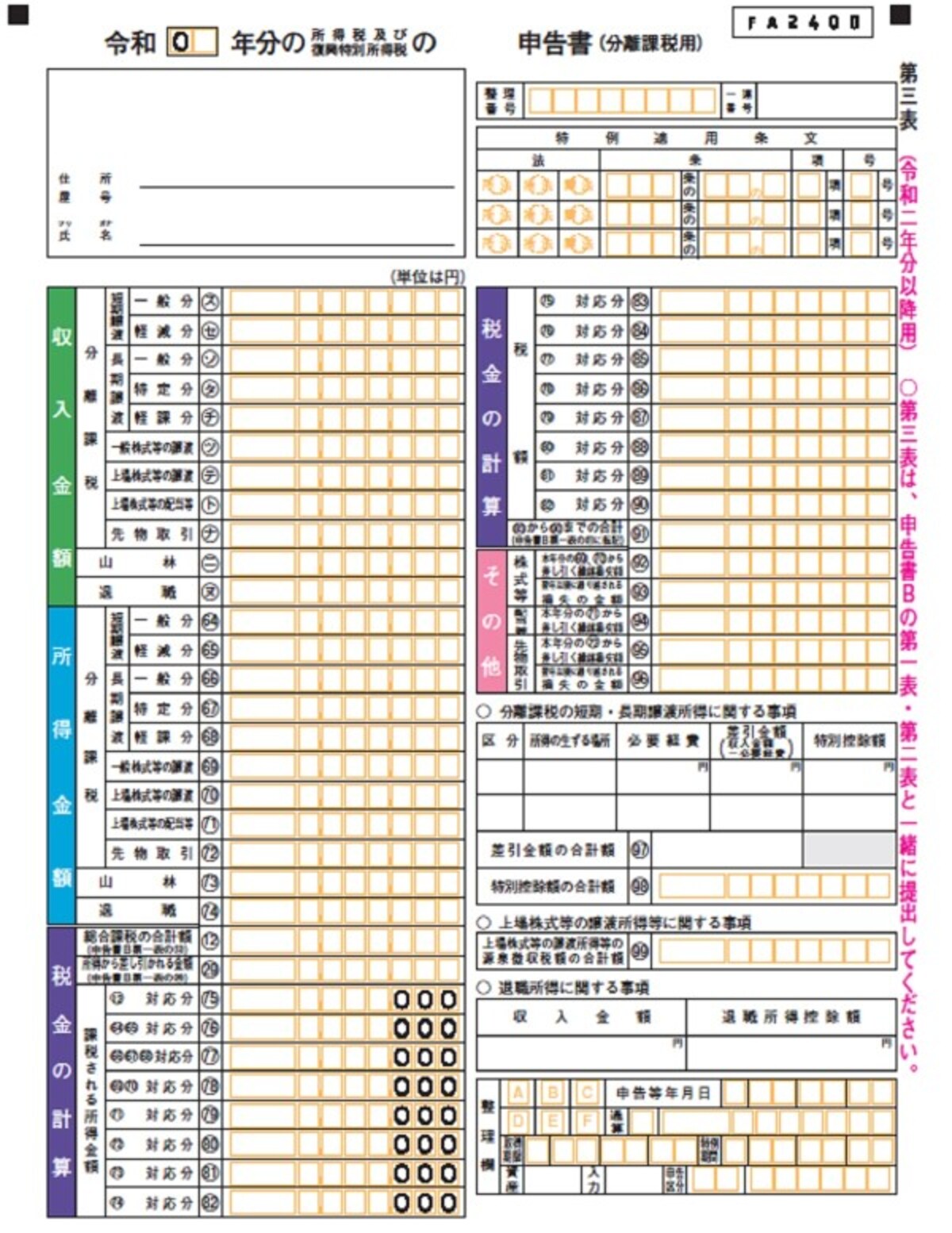  令和2年分以降適用　確定申告書第三表(分離課税用)のイメージ