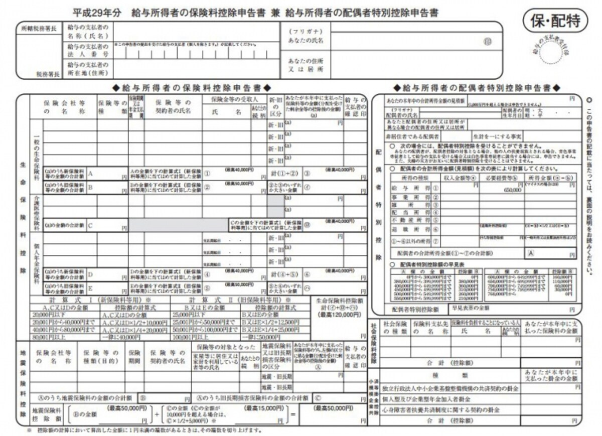保険料控除申告書　兼　配偶者特別控除申告書の様式（出典：国税庁）