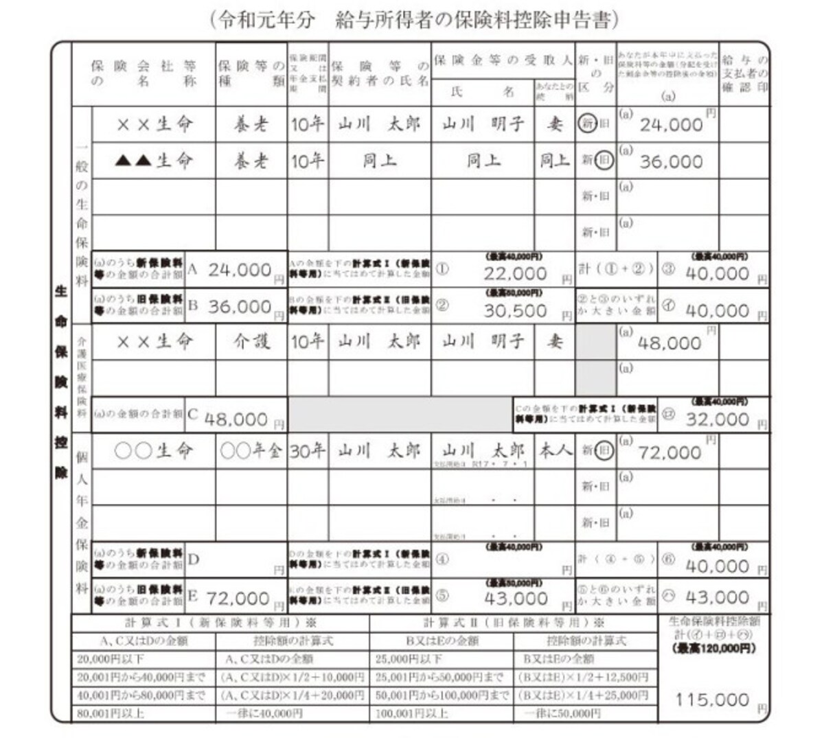 令和元年 給与所得者の保険料控除申告書　生命保険料控除　記載例（出典：国税庁）