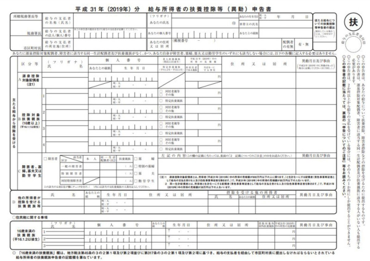 平成31年（2019年）扶養控除等（異動）申告書　フォーマット　（出典：国税庁資料より）