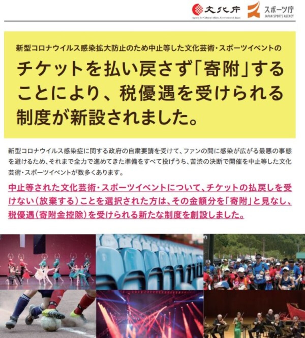 チケット払い戻しを受けないと税優遇が受けられるパンレットがすでに　＜出典：文化庁　スポーツ庁＞