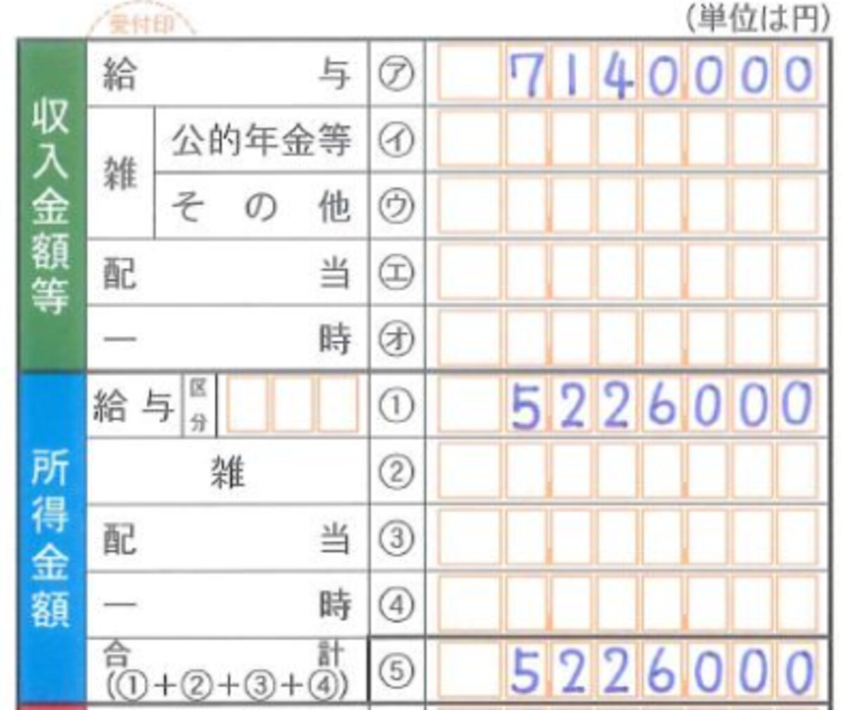 雑損控除の記入例。申告書A第1表の「所得金額」には、源泉徴収票にある「給与所得控除後の金額」を転記する（国税庁ウェブサイトより）