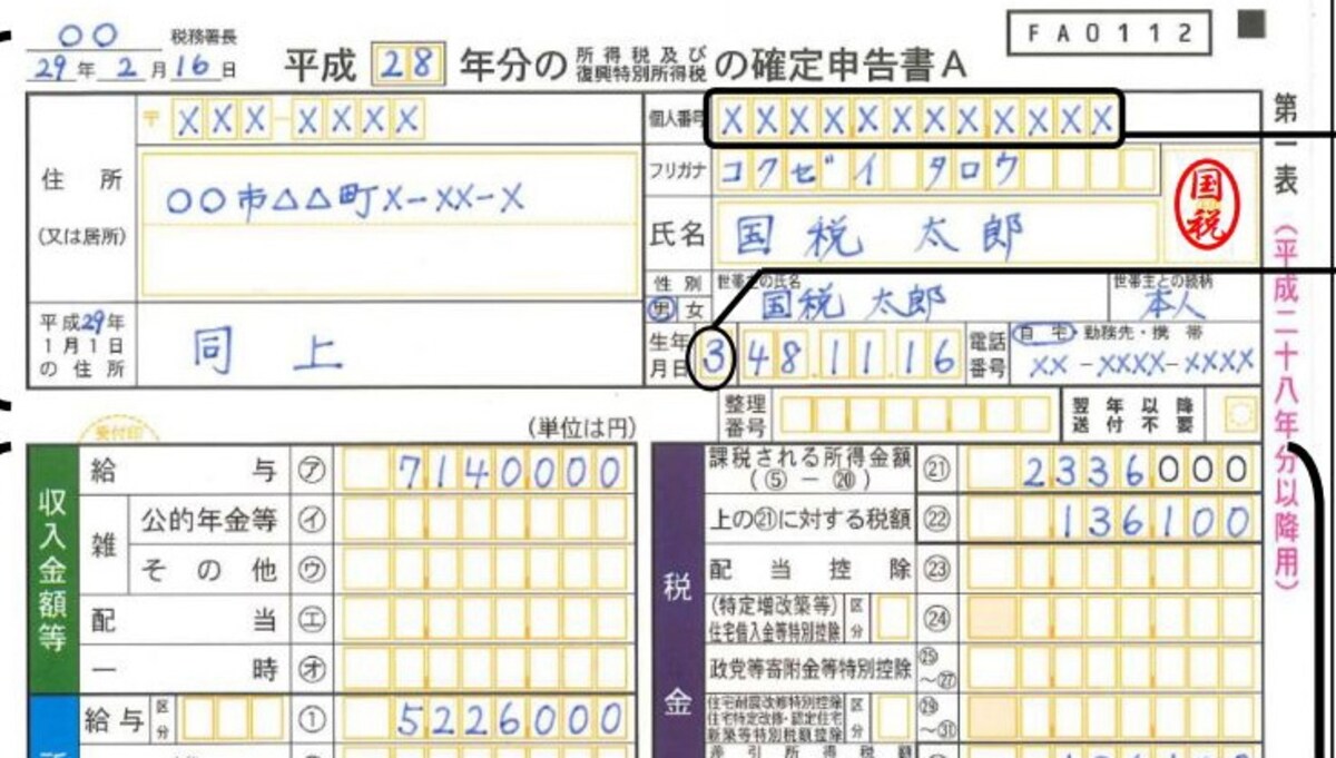 Ｈ28年分申告からはマイナンバーの記載がもとめられます（出典：国税庁確定申告記載例より）