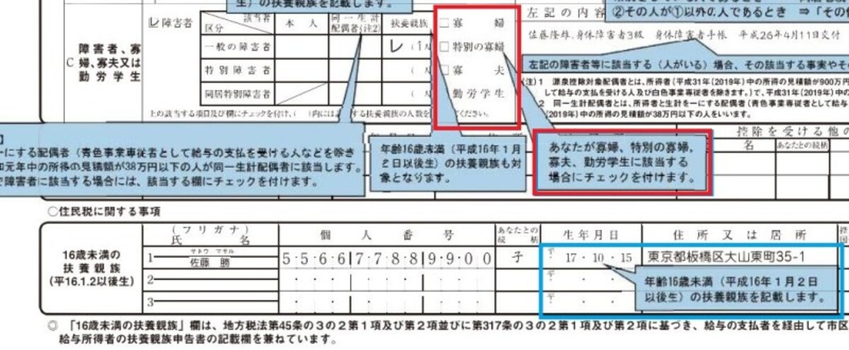 扶養控除等（異動）申告書　寡婦控除等の記載箇所　抜粋　（出典：国税庁資料より）