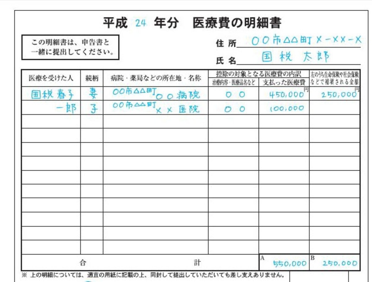 医療費の明細書の記載例（出典：国税庁ホームページ）