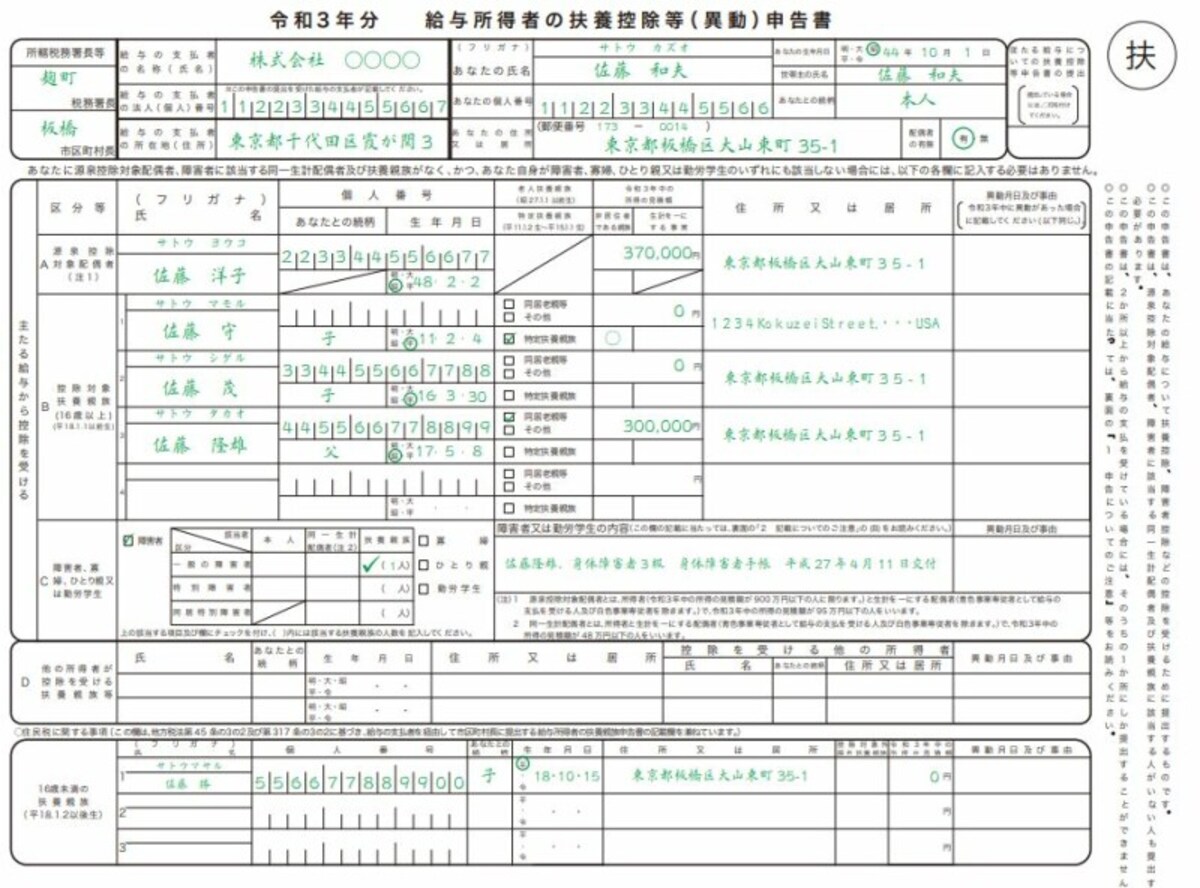 扶養控除等（異動）申告書　記載例　（出典：国税庁資料より）