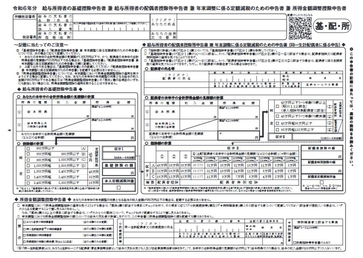 令和6年年末調整で使用される基礎控除申告書・配偶者（特別）控除及び所得金額調整控除　（出典：国税庁資料より）