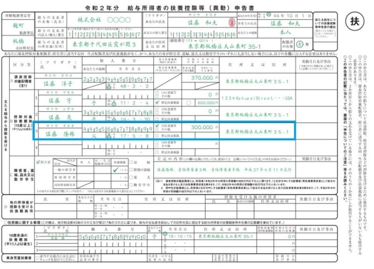 老人扶養親族がいる場合の扶養控除等（異動）申告書の記載例　（出典：国税庁資料より）