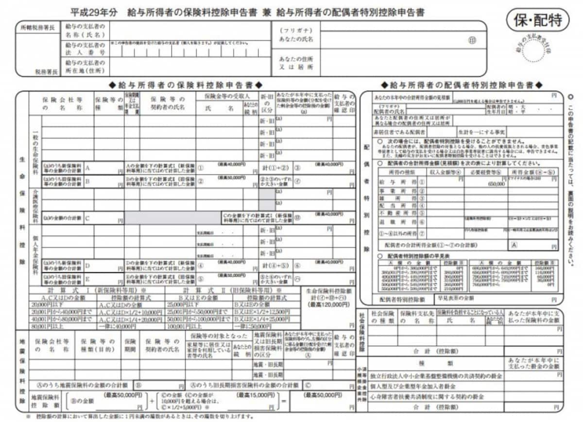 平成29年保険料控除申告書兼配偶者特別控除申告書フォーマット（出典：国税庁）