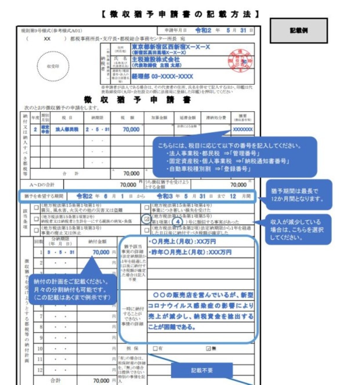 東京都のケースでの徴収猶予の記載方法　抜粋　（出典：東京都資料より）