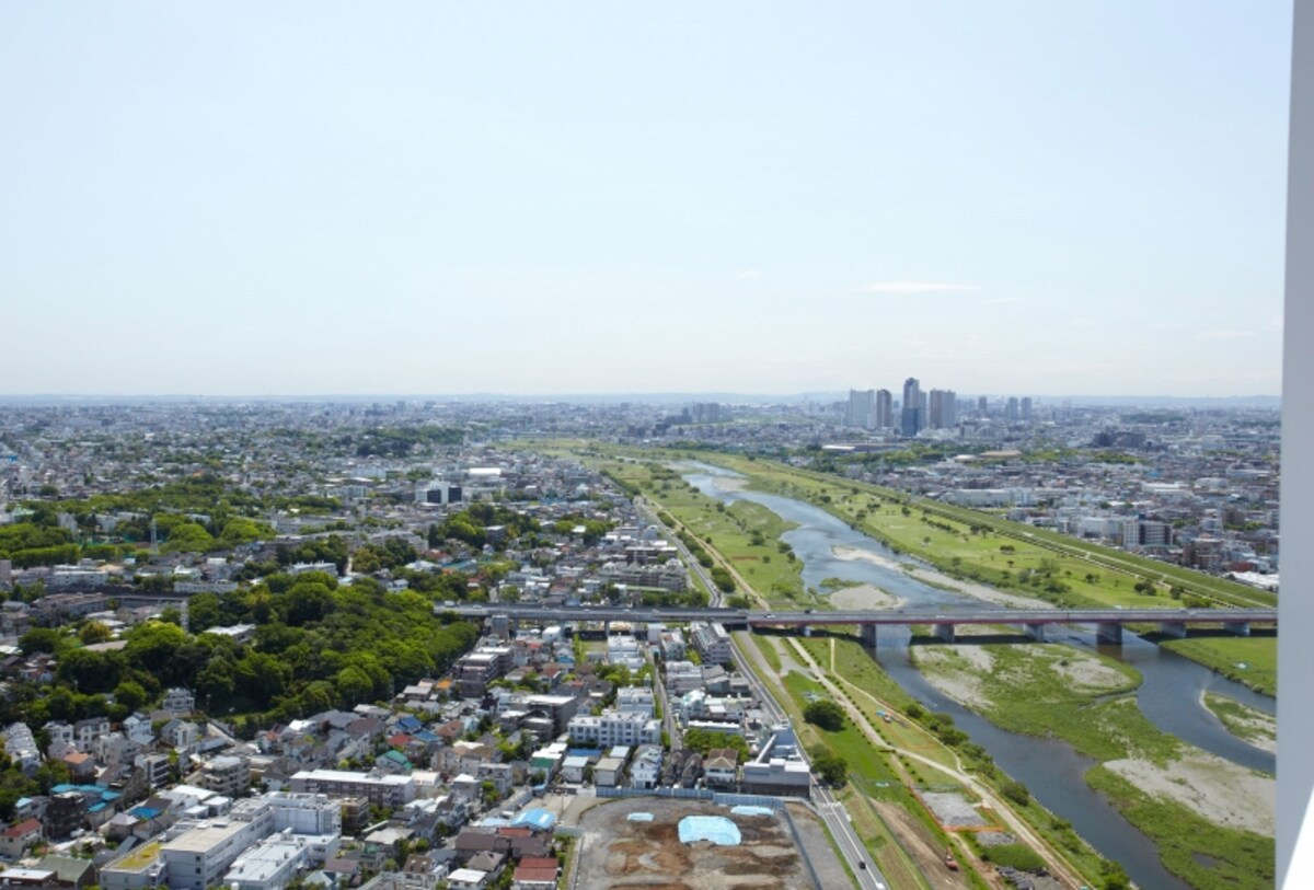 多摩川方面の景色。正面に見えるのは、武蔵小杉駅前のタワー群