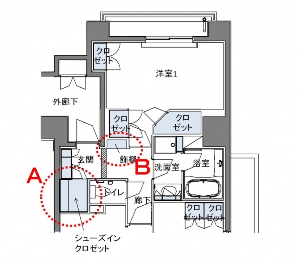 【図2】玄関まわりの拡大図。玄関には下足入れとシューズインクローゼットがある