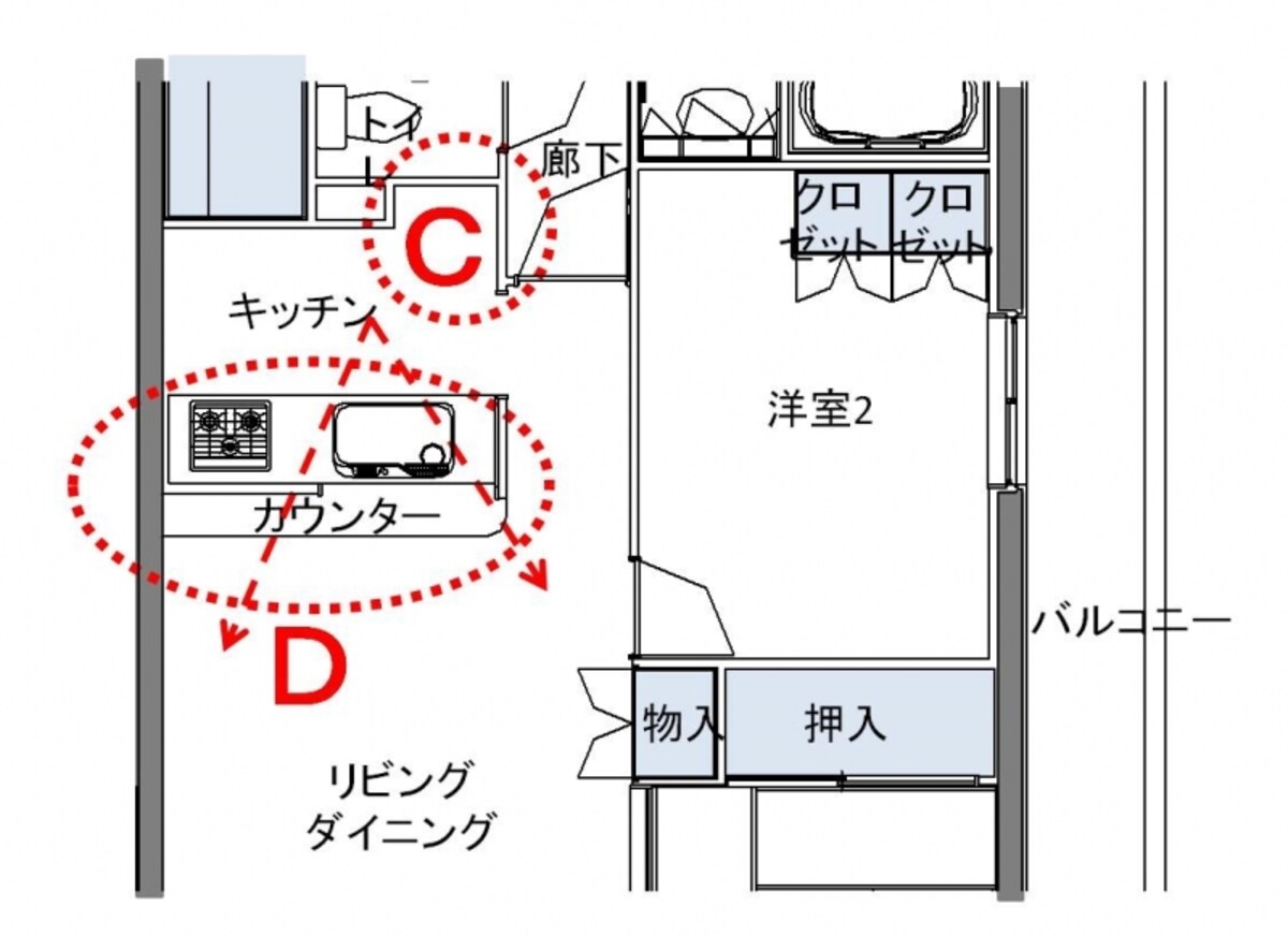 【図3】キッチン部分の拡大図。冷蔵庫の位置（C）やキッチン形式（D）に注目。
