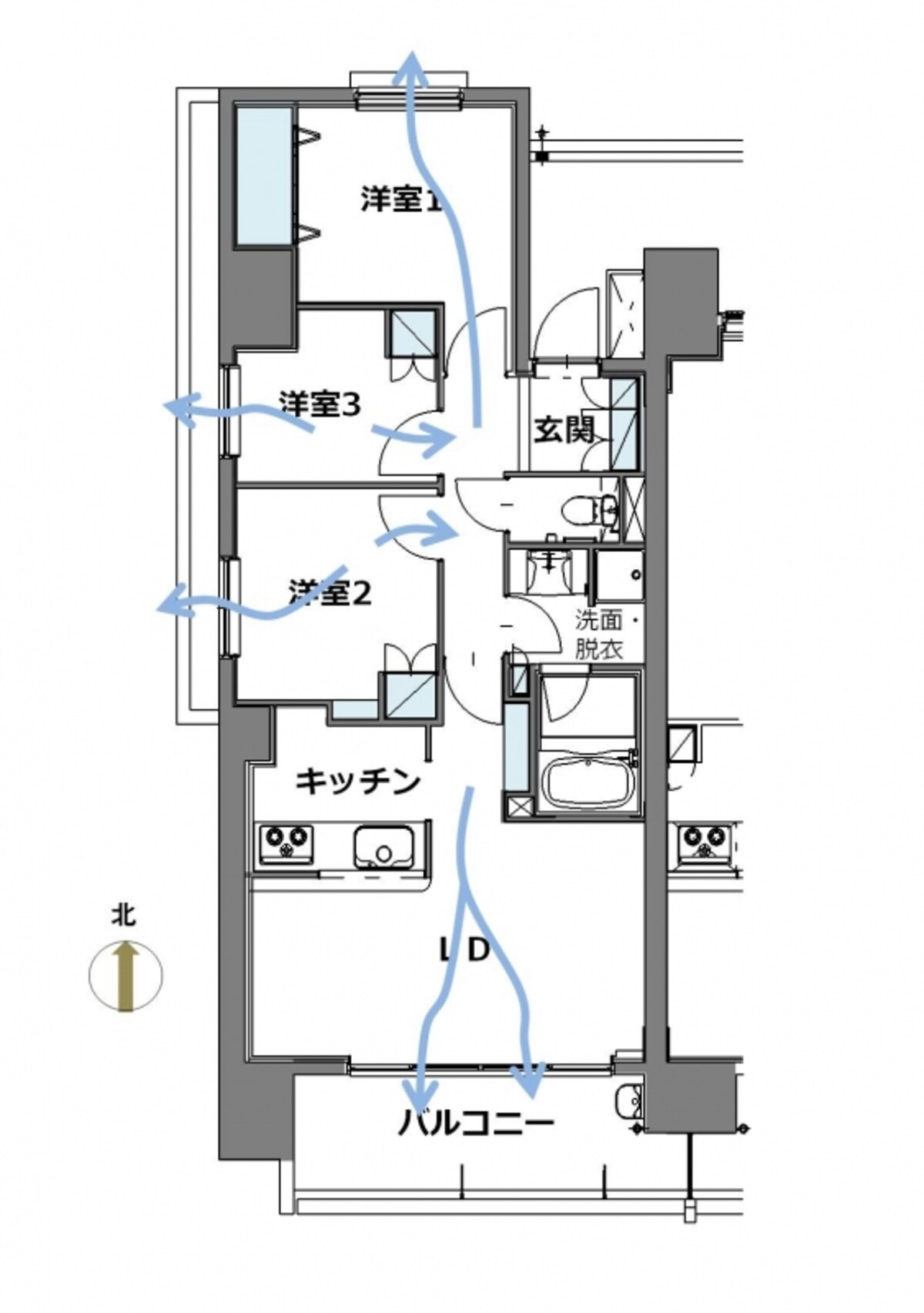 【図4】外廊下型マンションの妻側住戸。風通しを確保できる間取りの例