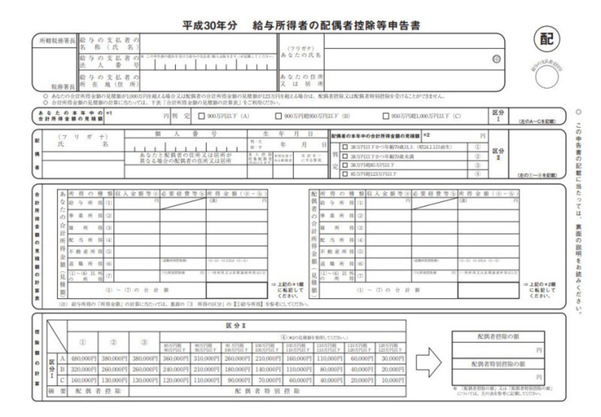 平成30年 給与所得者の配偶者控除等申告書のフォーマット