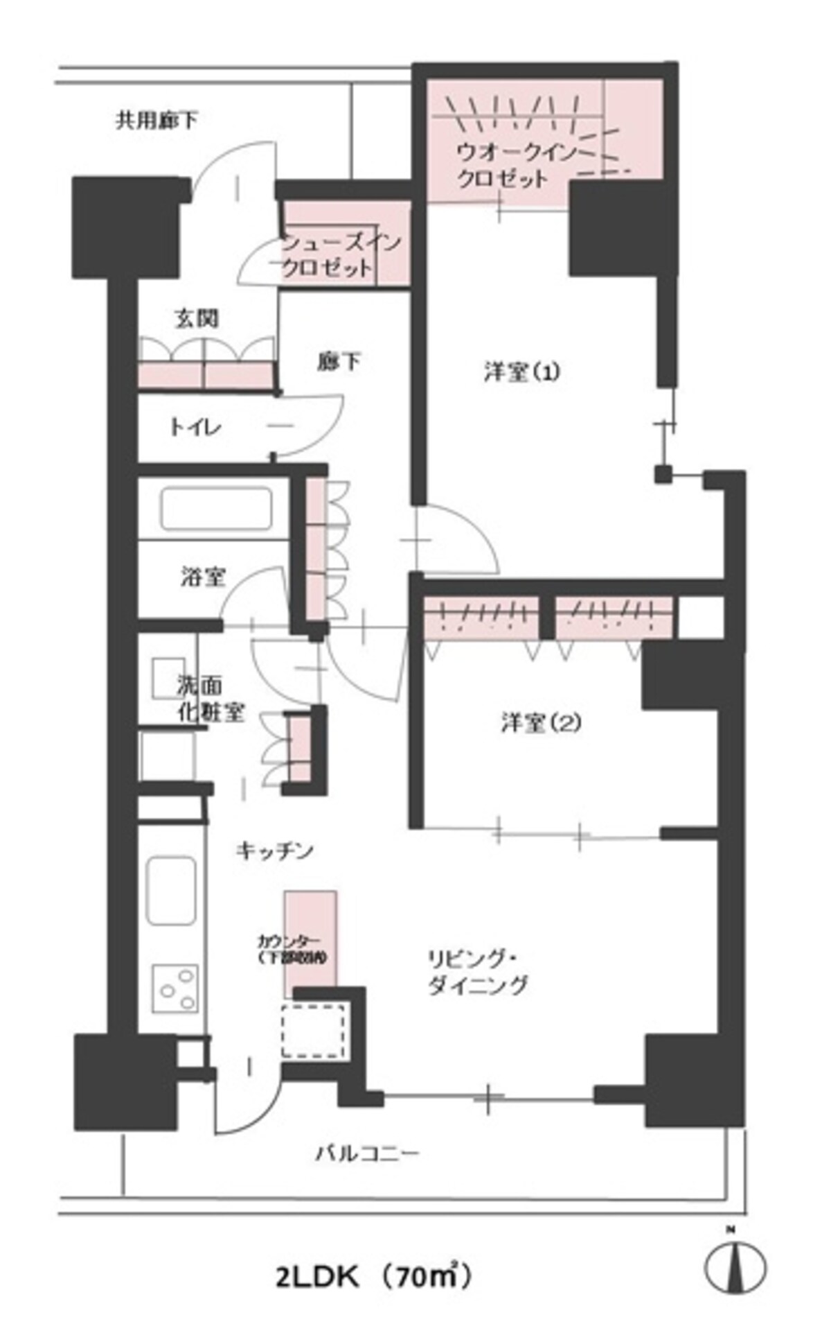 【図1】マンションの間取り例（クリックで拡大）。ピンクの部分が収納です。