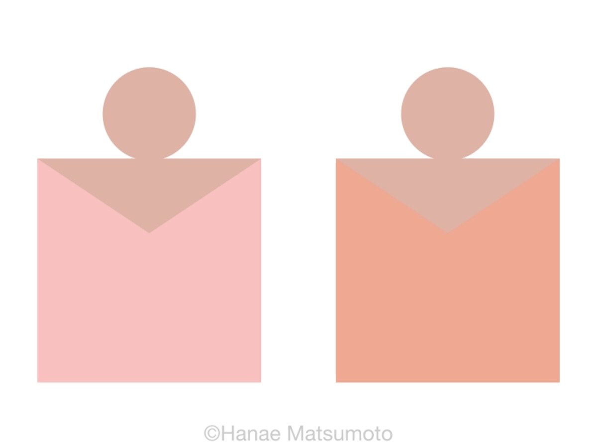日本人の標準的な肌色（ピンク系）とトップスの配色例：左から、パステルピンク、サーモンピンク