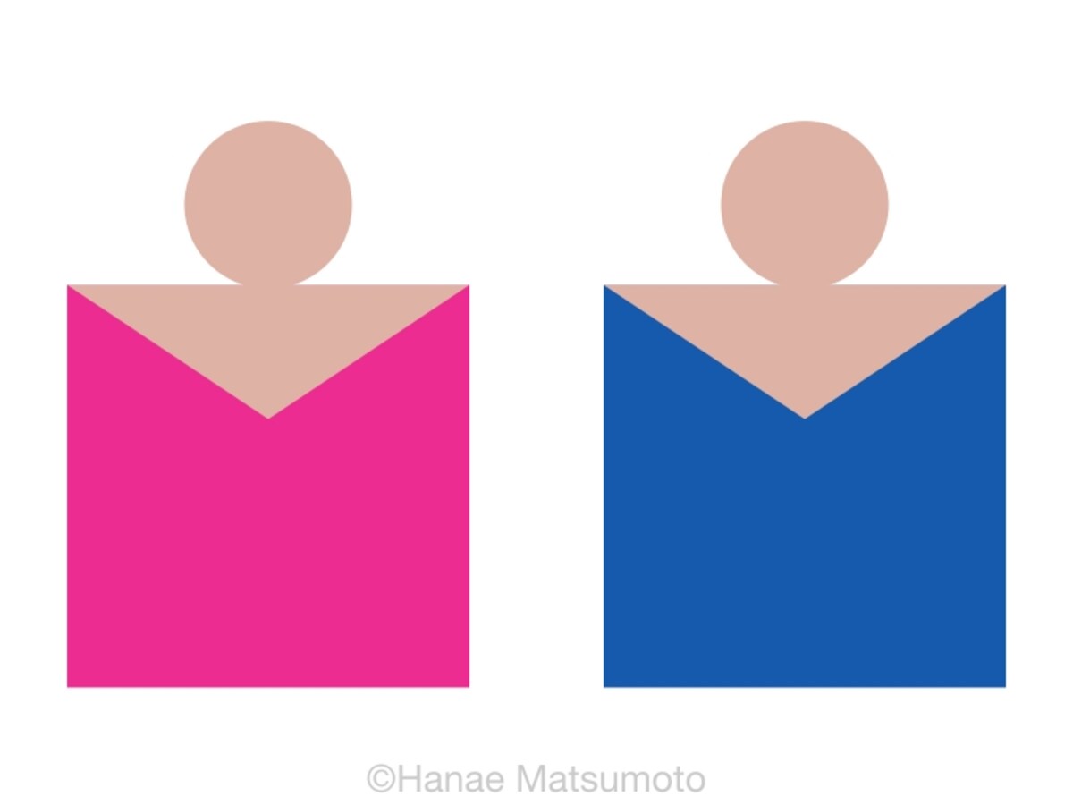 日本人の標準的な肌色（ピンク系）とトップスの配色例：左から、マゼンタ、ロイヤルブルー