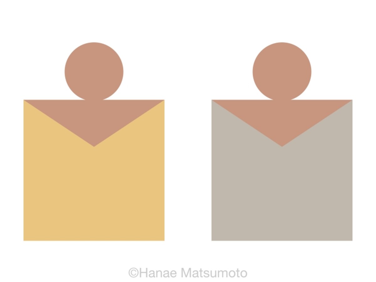 日本人の標準的な肌色（オークル系）とトップスの配色例：左から、ライトキャメル、ウォームグレイ