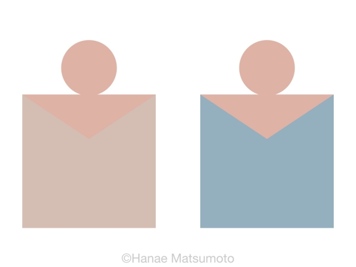 日本人の標準的な肌色（ピンク系）とトップスの配色例：左から、ローズベージュ、スモーキーブルー
