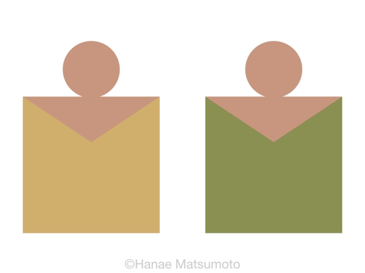 日本人の標準的な肌色（オークル系）とトップスの配色例：左から、カーキ、モスグリーン