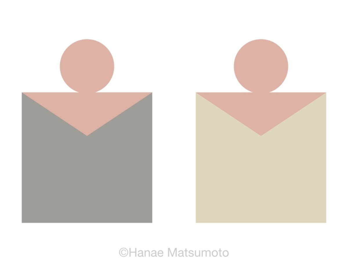 日本人の標準的な肌色（ピンク系）とトップスの配色例：左から、トゥルーグレー、グレーベージュ