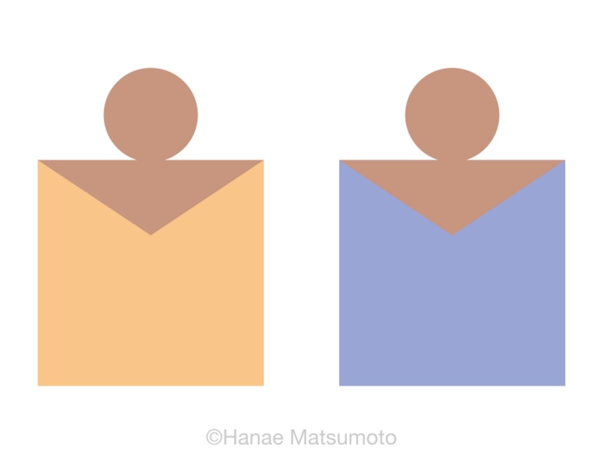 日本人の標準的な肌色（オークル系）とトップスの配色例：左から、アプリコット、ペリウィンクルブルー