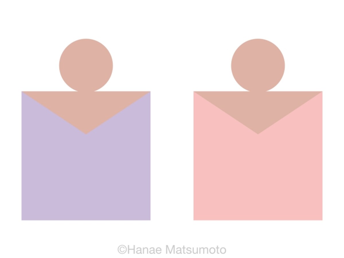 日本人の標準的な肌色（ピンク系）とトップスの配色例：左から、ラベンダー、ピンク