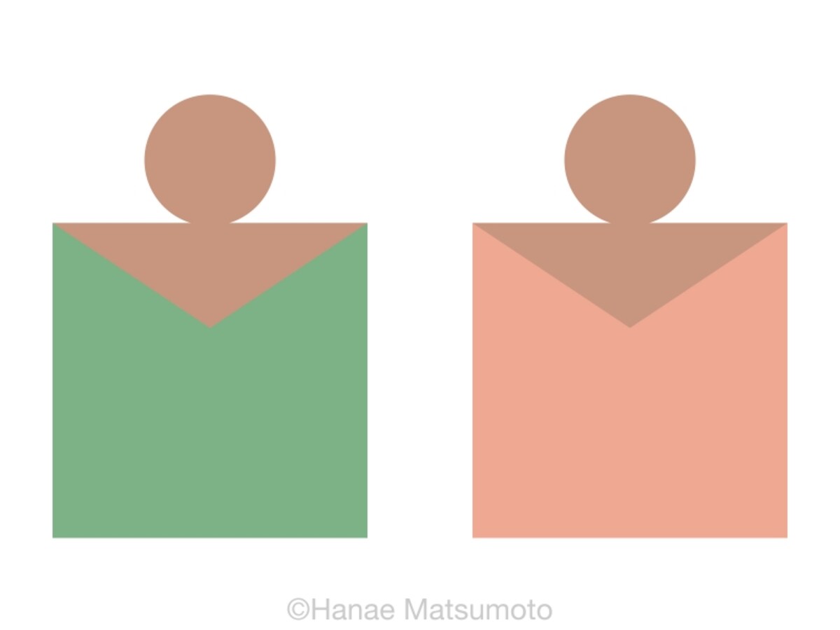 日本人の標準的な肌色（オークル系）とトップスの配色例：左から、ジェイドグリーン、サーモン