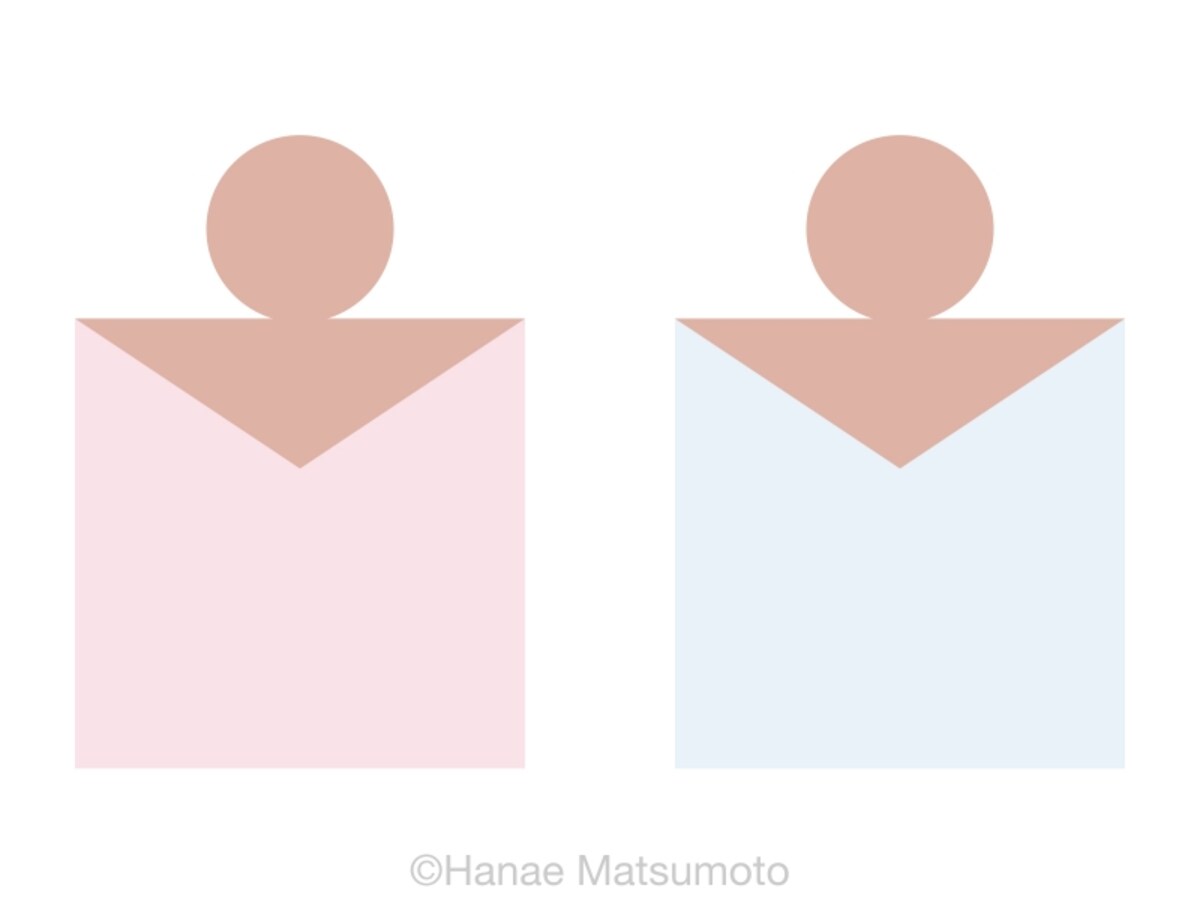 日本人の標準的な肌色（ピンク系）とトップスの配色例：左から、アイシーピンク、アイシーブルー