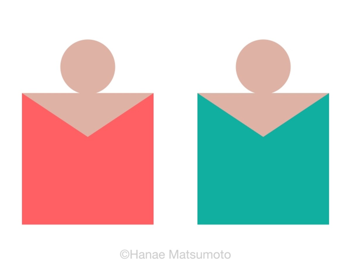 日本人の標準的な肌色（ピンク系）とトップスの配色例：左から、ウォーターメロン、ミントグリーン