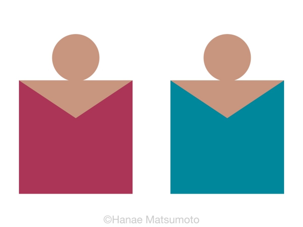 日本人の標準的な肌色（オークル系）とトップスの配色例：左から、ラスト、ティールブルー