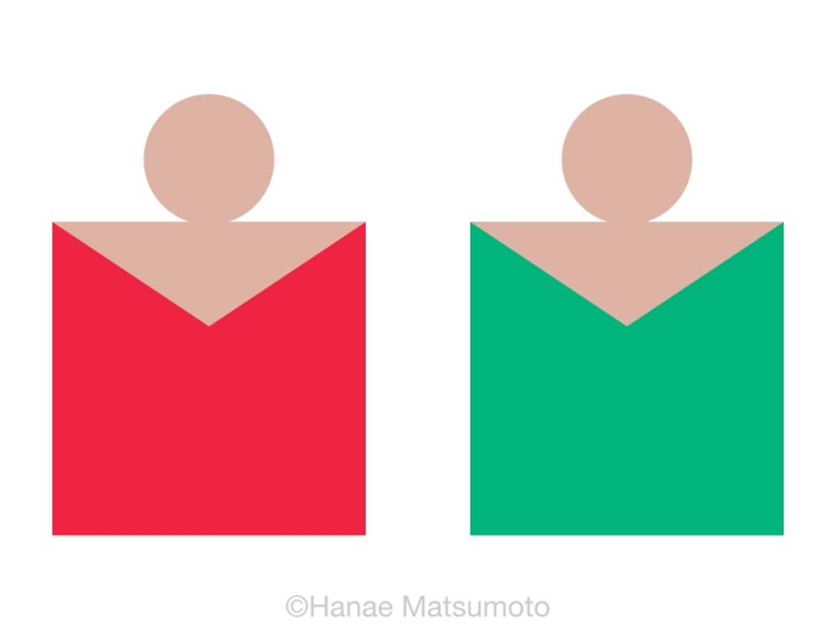 日本人の標準的な肌色（ピンク系）とトップスの配色例：左から、トゥルーレッド、エメラルドグリーン