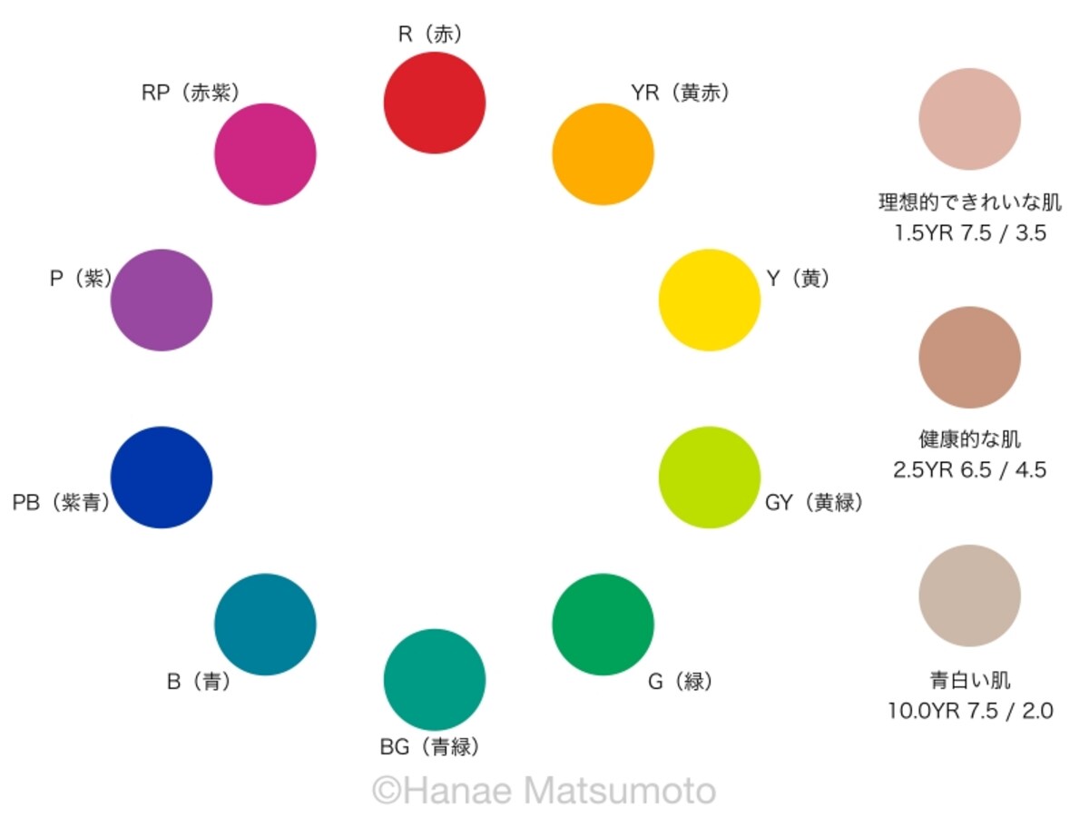 色相環、理想的なきれいな肌色、健康的な肌色、青白い肌色のサンプル