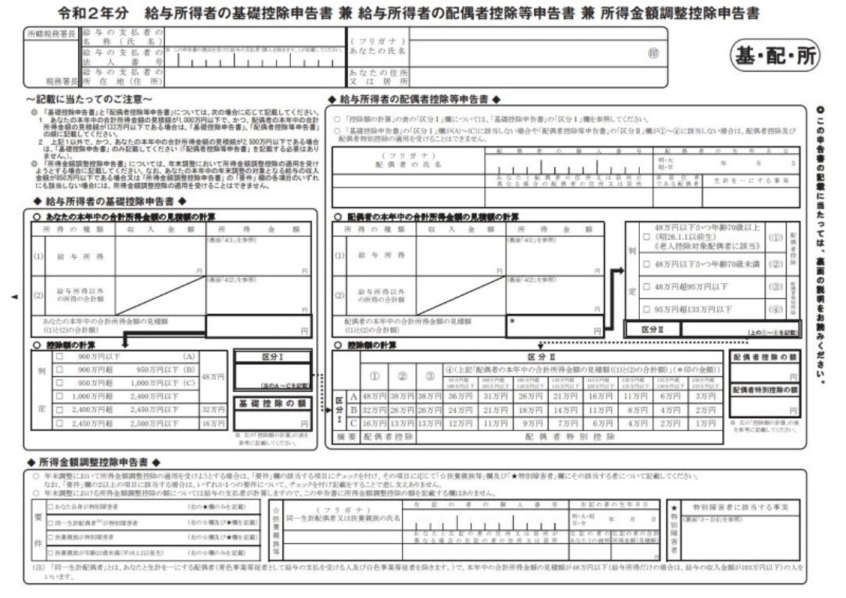 基礎控除　兼　配偶者控除等　兼　所得金額調整控除申告書フォーマット　（出典：国税庁　資料より）