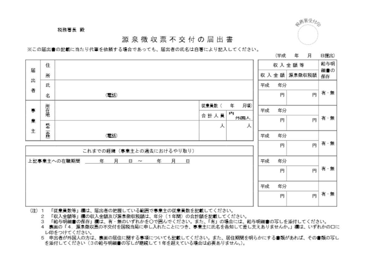 源泉徴収票の不交付の届出書（国税庁ウェブサイトより）