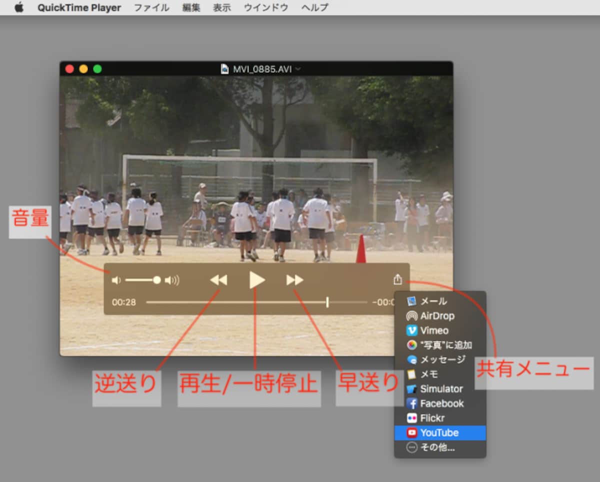 中央下に表示されている「再生コントロール」を使って動画の再生をコントロールします（クリックで拡大）