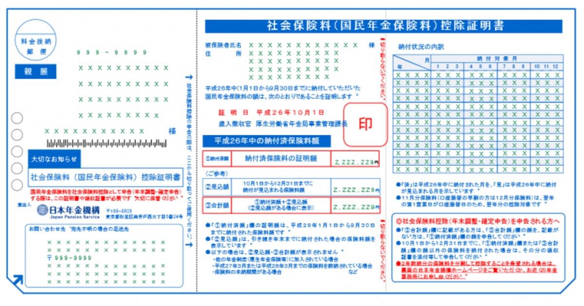社会保険（ 国民年金保険料 ）控除証明書のサンプル