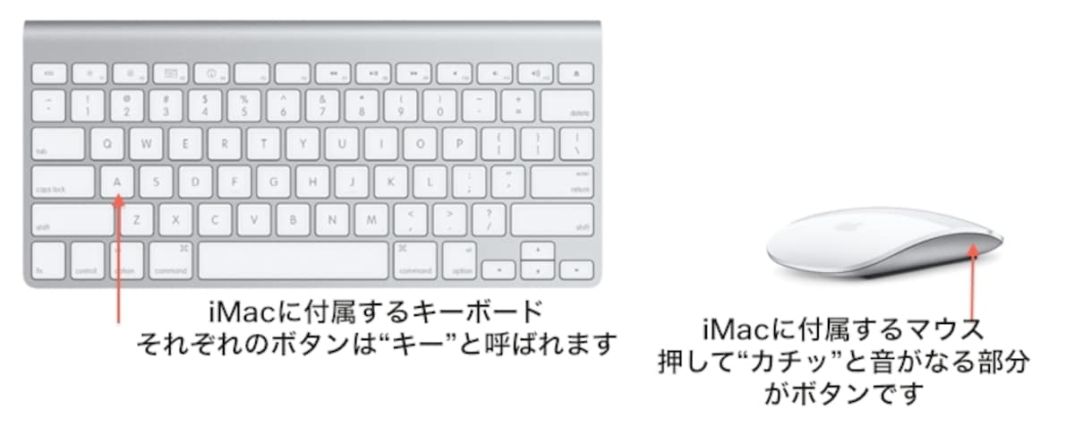 MacではWindowsパソコンと比べるとキーボードとマウスのデザインが異なり、&ldquo;キー&rdquo;とか&ldquo;ボタン&rdquo;と呼ばれる部品の数が少なくなっています。操作の対象が少ないことで操作方法が単純化され、説明文も簡潔になり、結果としてヘルプやマニュアルが理解しやすくなります（クリックで拡大）