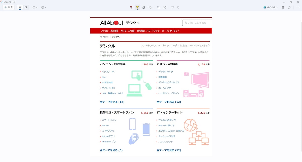 Snipping Toolで画面を切り取った様子
