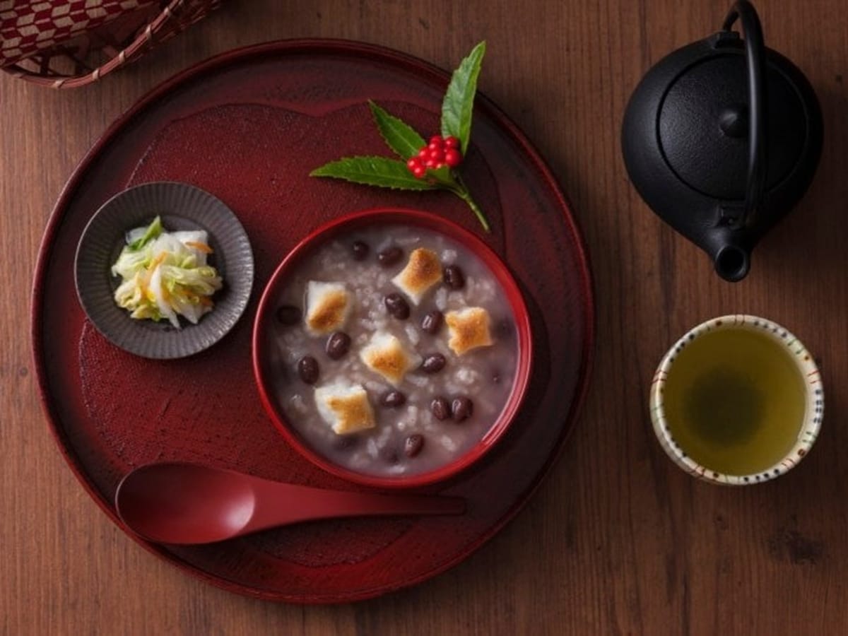小正月の「小豆粥」。本来この日は望月（満月）なので、餅を入れて「望粥」と呼ぶ場合もあります