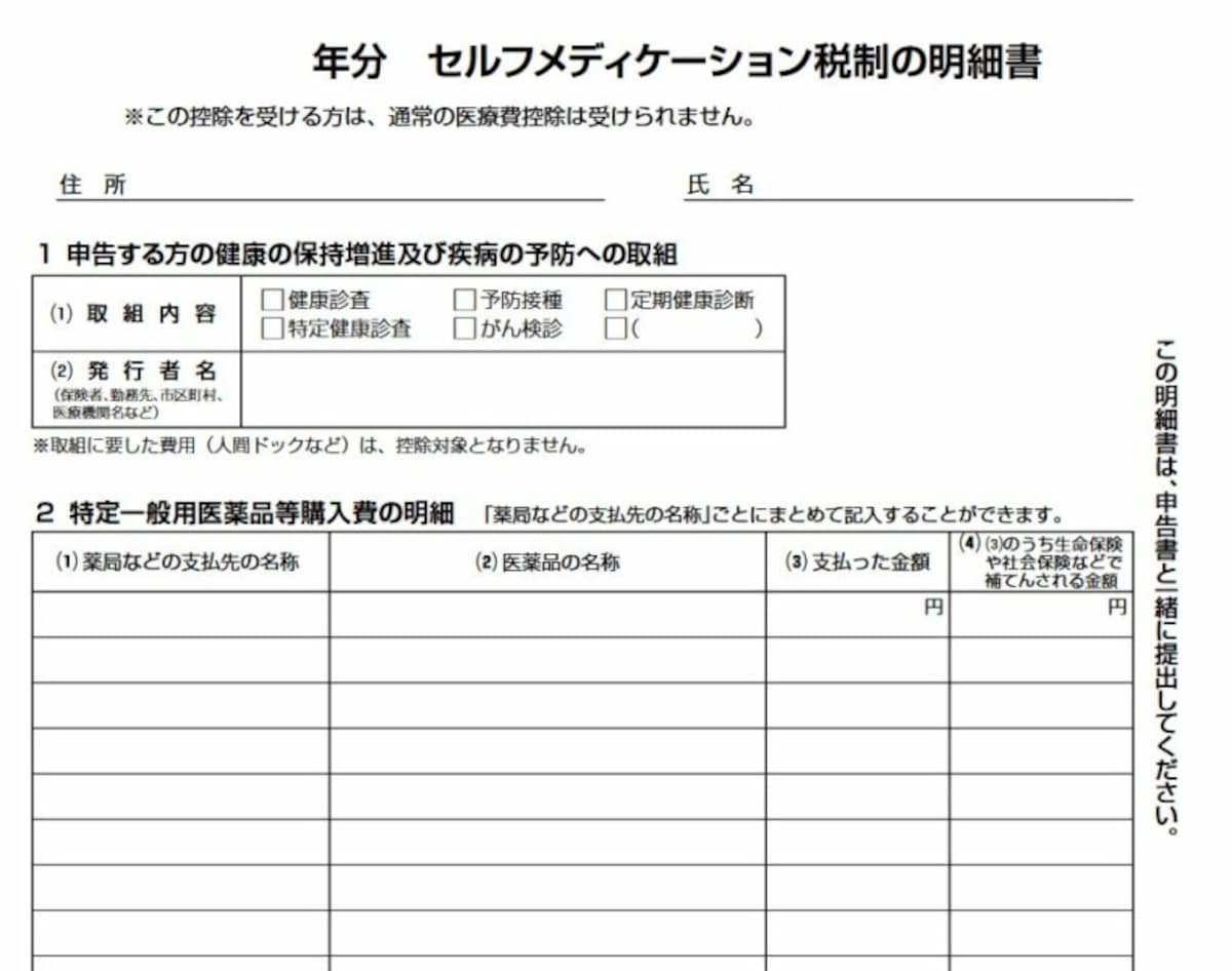 セルフメディケーション税制の明細書　抜粋（出典：国税庁　資料より）