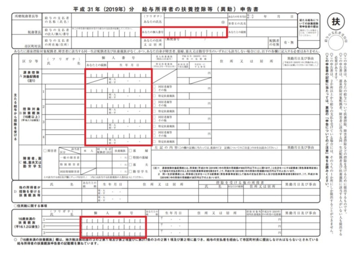 年末調整時に提出する「給与所得者の扶養控除等（異動）報告書」。平成28年分以降は個人番号（マイナンバー）の記入欄が増えている。上の図は国税庁HPに記載されている「平成30年分 給与所得者の扶養控除等（異動）報告書」に、筆者がマイナンバー記入部分に赤で印をつけたもの