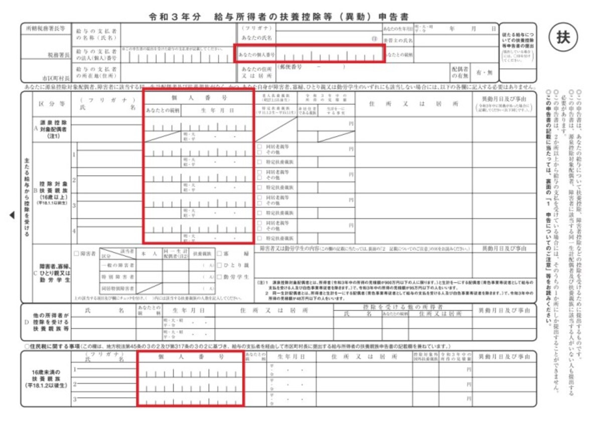 年末調整時に提出する「給与所得者の扶養控除等（異動）申告書」。平成28年分以降は個人番号（マイナンバー）の記入欄が増えている。上の図は国税庁HPに記載されている「令和３年分 給与所得者の扶養控除等（異動）申告書」に、筆者がマイナンバー記入部分に赤で印をつけたもの