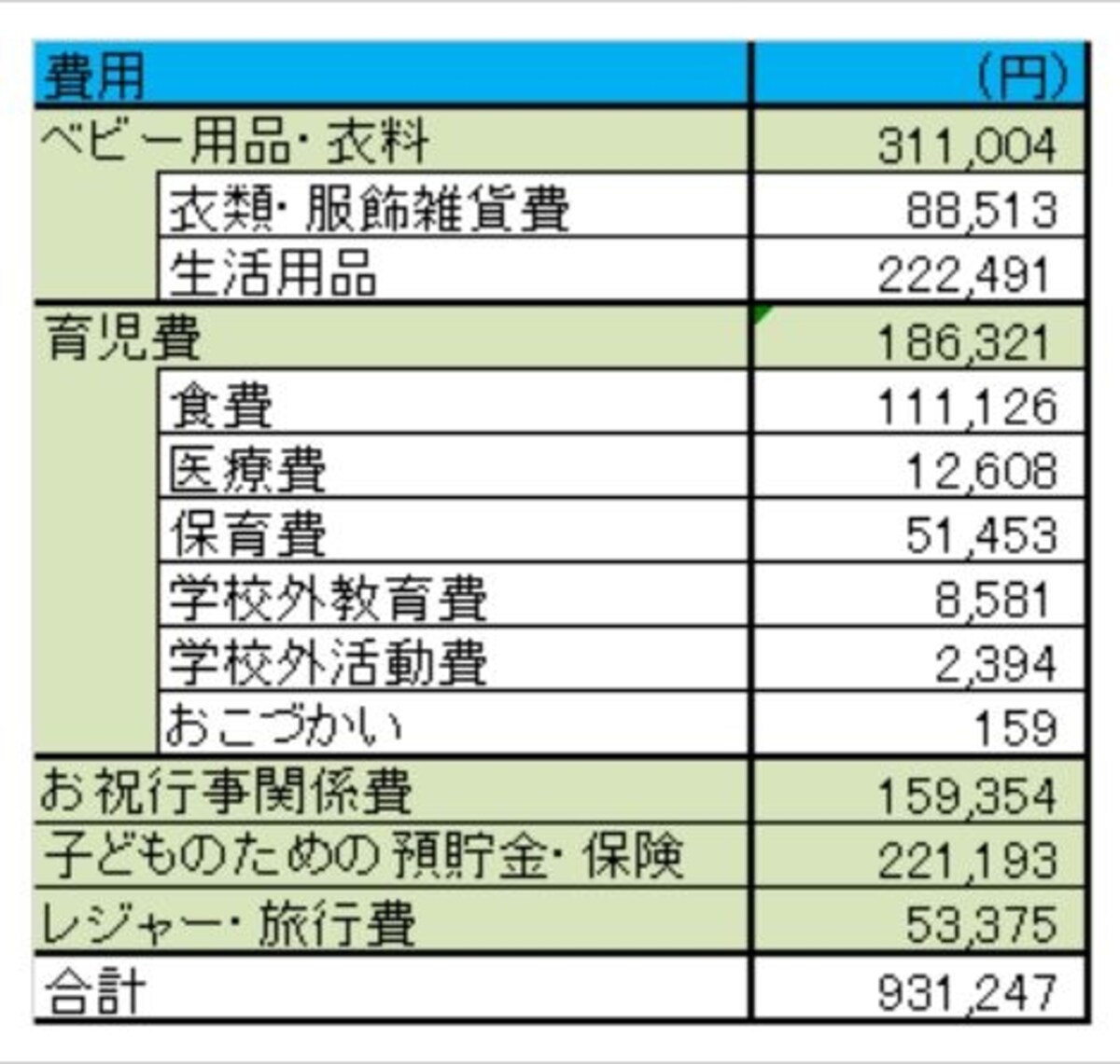 0歳時にかかる費用の詳細