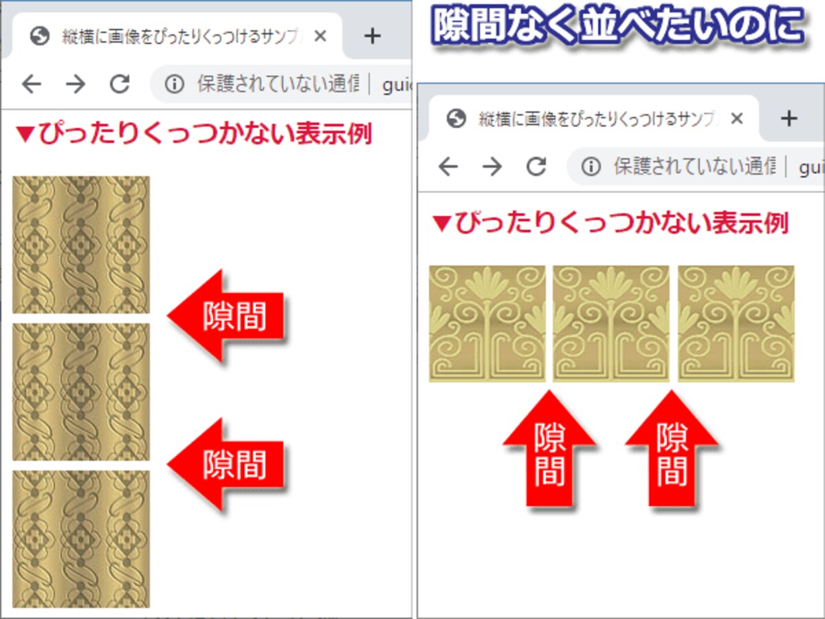 画像を縦横に隙間なくぴったりくっつけて並べたいのに、画像と画像の間に余計な空間が空いてしまう表示例