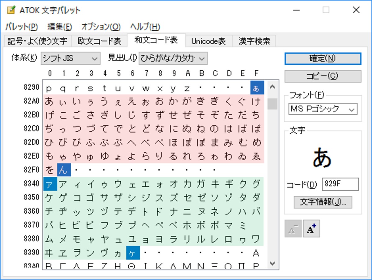 SHIFT-JISコードでは、平仮名は「ぁ」から「ん」まで、片仮名は「ァ」から「ヶ」まで