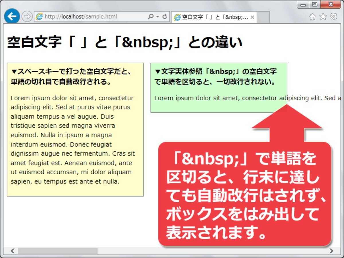 文字実体参照「&amp;nbsp;」で単語を区切ると、一切改行されなくなる