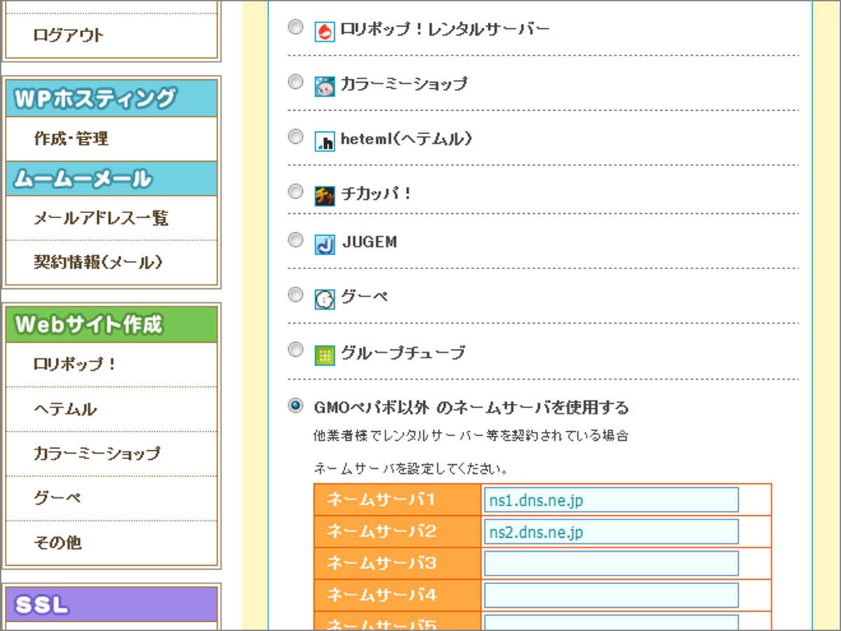使いたいサーバサービスを選択するか、または指定されたDNSサーバを入力することで、ドメインとサーバを紐付けられる